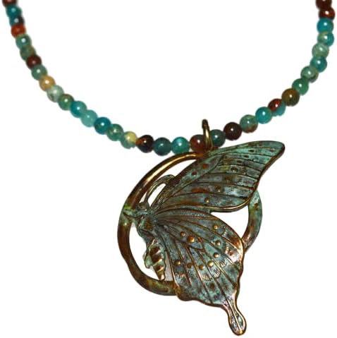 Elaine Coyne Collectible Artwear Verdigris Patina Solid Brass Butterfly Necklace - USA Made - Chrysocolla