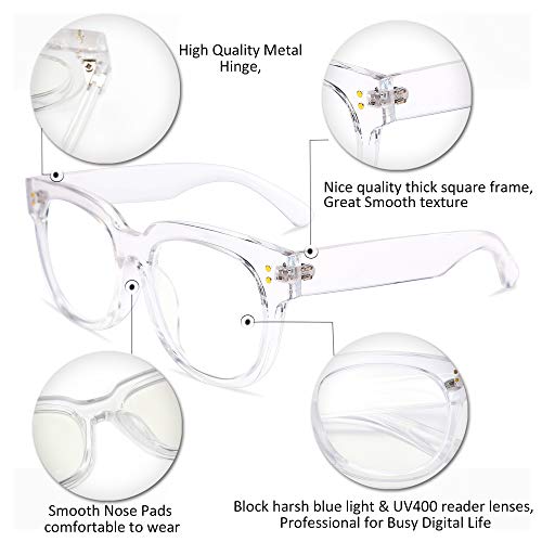 Image of FEISEDY Retro Square Thick Big Frame Blue Light Blocking Reading Glasses Anti Glare Digital Eyestrain Reader B2523 Clear 1.25x