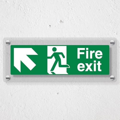 V Safety Fire Exit Arrow Up Left - 450 x 150 mm - Acrylic Perspex Cast Clear Safety Sign, Green