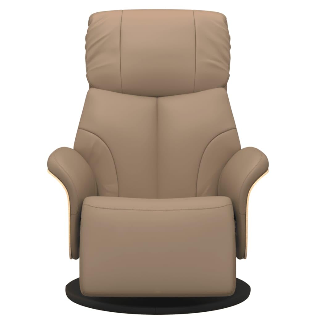 Fotel relaksacyjny z podnóżkiem, kolor brązowy cappuccino, sztuczna skóra, obrotowy, regulowany, z funkcją leżenia, ergonomiczny, wygodny, do salonu, biura, kącika do czytania, kominka