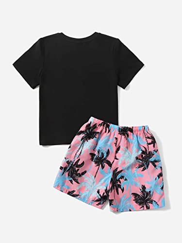 Image of WDIRARA Toddler Boy's 2 Piece Outfit Tropical Print Short Sleeve Tee and Shorts Set Multicolor 7Y