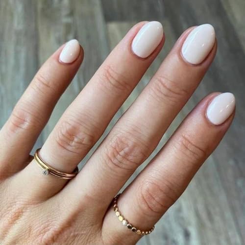 modelones Short Press on Nails, Oval Fake Nails Kit Press Ons with Nail Glue, Adhesive Tabs, Nail File, Prep Pad, Manicure Stick, 32Pcs 16 Sizes, White, Spring Women Girl Gift