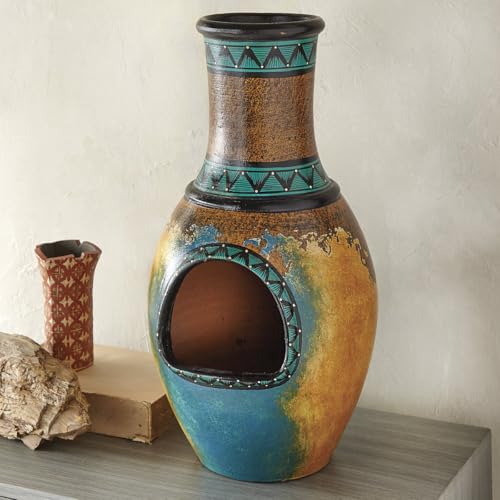 BLACK FOREST DECOR Native Skies Clay Chimenea – Hand Painted Tealight Holder – Turquoise and Gold Southwest Décor – 18' H