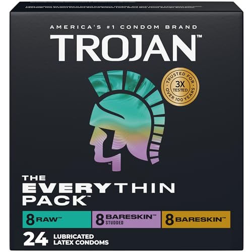 Trojan The Everythin Pack, Assorted Latex Lubricated Thin Condoms Variety Pack, Raw, Bareskin, Bareskin Studded, Premium Latex to Help Reduce Risk of Pregnancy and STIs, 24 Count