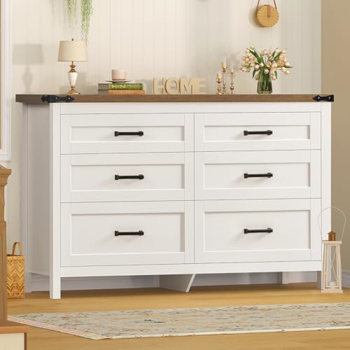 Image of TEENFON White 6 Drawer Dresser for Bedroom, 47.2'' Farmhosue Dresser with Metal Handles, Wood Chest of Drawers, Bedroom Dressers for Living Room, Entryway, White