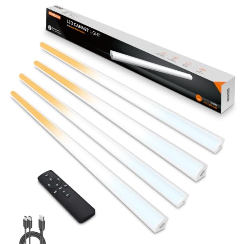Image of Under Cabinet Lights Remote Control,4 Pack Magnetic Rechargeable Light bar,Under Cabinet Lighting Wireless,Ceiling and Under Counter Lights for Kitchen,Wardrobe,Shelf (White, 60 CM)