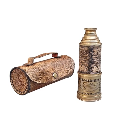 Antique Brass Pirate Telescope – Vintage Handheld Spyglass – Nautical Monocular Telescope for Kids, Cosplay, Décor, or Gifts – Foldable Brass Scope with Leather Box