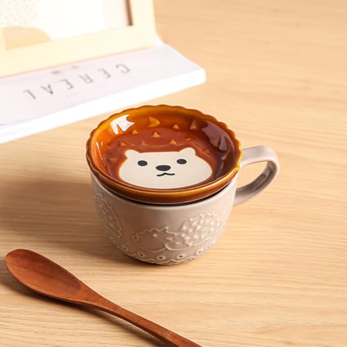 Taza japón ceramica kawaii animal con tapa y orejas diseño gato perro panda erizo 300ml individual regalo original mujer hombre cafe te desayuno adorable matcha té (ERIZO) Taza japón ceramica kawaii animal con tapa y orejas diseño gato perro panda erizo 300ml individual regalo original mujer hombre cafe te desayuno adorable matcha té (ERIZO)