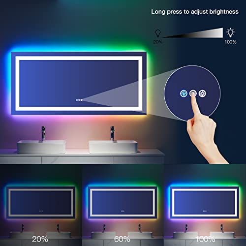 LOAAO 60”X30“ RGB LED Bathroom Mirror with Lights for Bathroom, Anti-Fog, Dimmable,Multiple Light Modes, RGB Backlit + Front Light, Memory Function, Tempered Glass