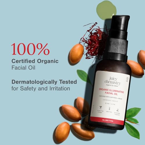 Image of Juicy Chemistry Organic Illuminating Facial Oil with Saffron + Argan, 30 ml | Boosts Skin Glow | Promotes Healthier Barrier | Brightens & Evens Out Skin Tone | Non-sticky & Lightweight | Dermatologically Tested