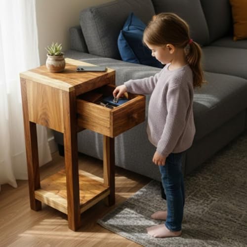 Image of Wood Bedside End Table | Side Table with A Drawer for Home Decor | Living Room | Single Table in Brown