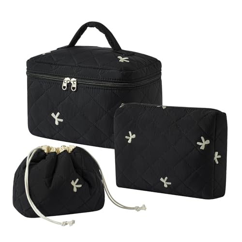 RSRSLEII 3Pcs Aesthetic Cotton Quilted Drawstring Makeup Bag Set, Aesthetic Cute Bow Makeup Pouch for Girls and Women, Aesthetic Travel Organized Cosmetic Bags for Purse(05Black Bow)