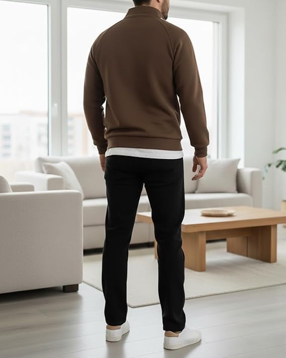 Image of Men's Quarter Zip Pullover Sweater with Contrast Stripe, Long Sleeve Athletic Casual Sweatshirt for Winter Wear, Black