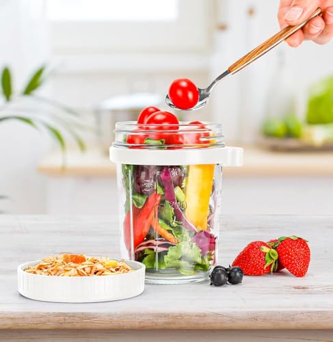 Image of 350 ml Overnight Oats Containers with Lids and Spoons,Glass Mason Jars Overnight Oats Leak Proof Oatmeal Container Great Cereal Fruit Vegetable Milk Salad (multi) (white and grey)