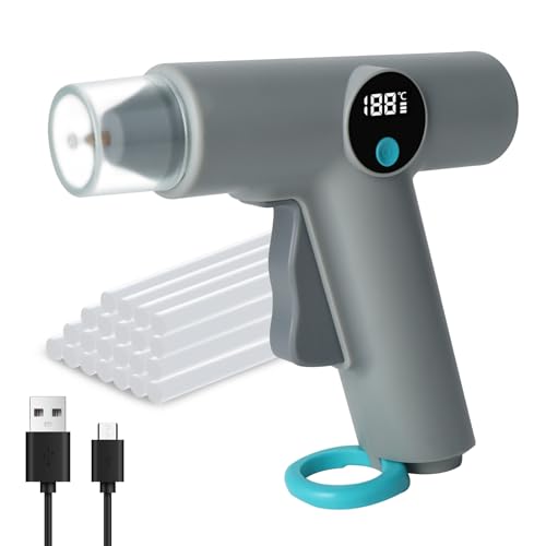 Aedcbaide Pistola per colla a caldo con 22 bastoncini di colla a caldo (7 mm), 2500 mAh, senza fili, spegnimento automatico, visualizzazione digitale della temperatura e luce LED (grigio)