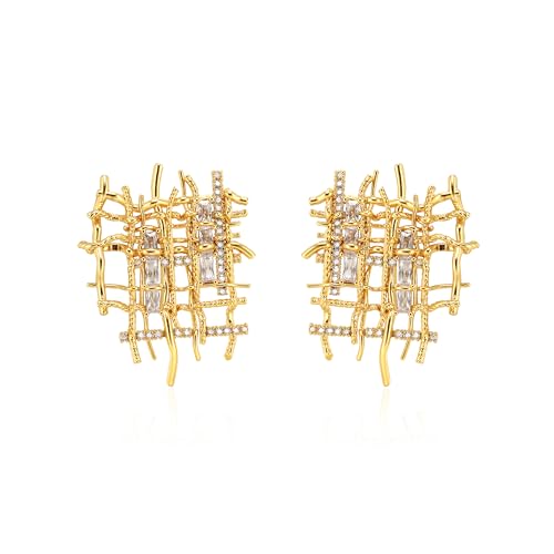 Gold Braided Stud Earrings for Women, 18K Gold Plated Chunky Earrings, Unique Design Cubic Zirconia Braided Earrings Gifts, Statement Studs Hypoallergenic Fashion Jewelry - Main Image