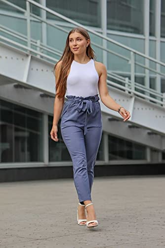 Kancy Kole Women Waist Belted Tied Ankle Casual Pants Linen Paper Bag Pants (Blue-Grey,M) #TOP1