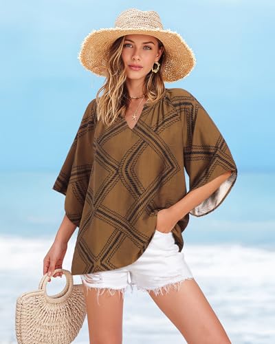 image for Bebonnie Womens 3/4 Sleeve V Neck Bohemian Peasant Blouses Casual Loos