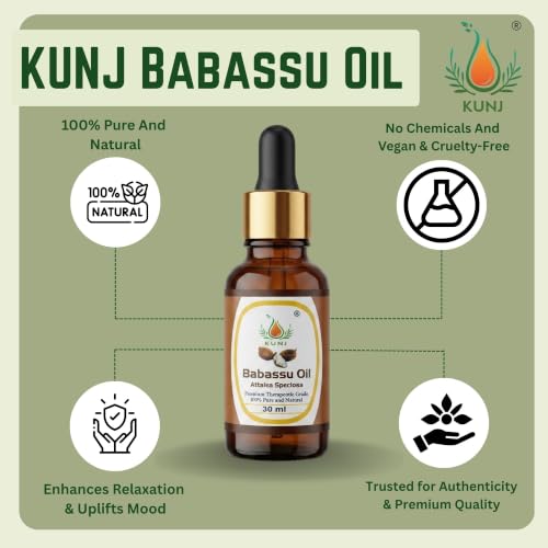 Image of KUNJ Babassu Oil (Attalea speciosa) 30ML - 100% Pure & Natural, Cold Pressed, Undiluted - Therapeutic Grade Carrier Oil for Hair Growth, Skin Nourishment, Moisturizing & Soothing