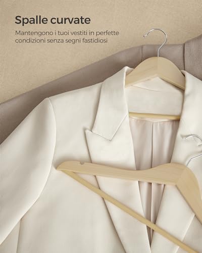SONGMICS Grucce in Legno, 24 Pezzi, Grucce Appendiabiti, con Scanalature sulle Spalle, Barra per Pantaloni, Gancio Girevole a 360°, per Giacche Camicie Cappotti, Beige Naturale CRW010N24 - Immagine 3