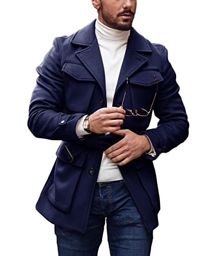 Pretifeel Mens Trench Coat Slim Fit Wool Blends Business Lapel Belted Overcoat Winter Casual Peacoat Jacket