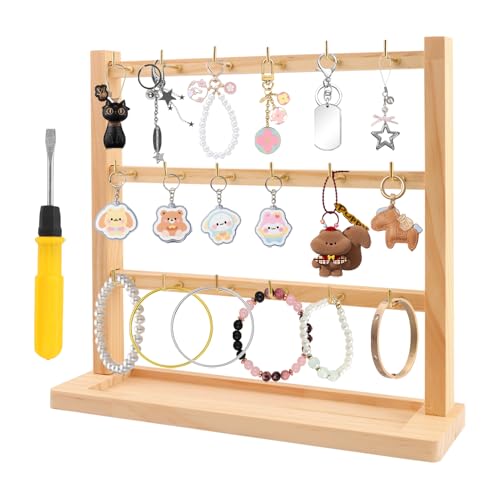 Ravionell Wooden Keychain Display Stand with 18 Hooks, Square Organized Rack for Keys Rings, Jewelry, Accessories - Easy Assembly, Multi-Purpose for Home and Commercial Vendors