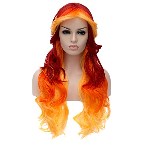 TopWigy Women's Cosplay Wig Long Ombre Curly Body Wave Multicolor Heat Resistant Hair Wigs Costume Party Wig (Red Orange Yellow)