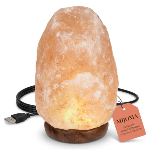 MIJOMA LED Salzkristalllampe Salzlampe aus Naturstein der Salt Range (Pakistan) 10x13 cm mit USB-Kabel (150 cm) Dekolampe für Entspannung & Wohlfühlatmosphäre (Warmweiß)