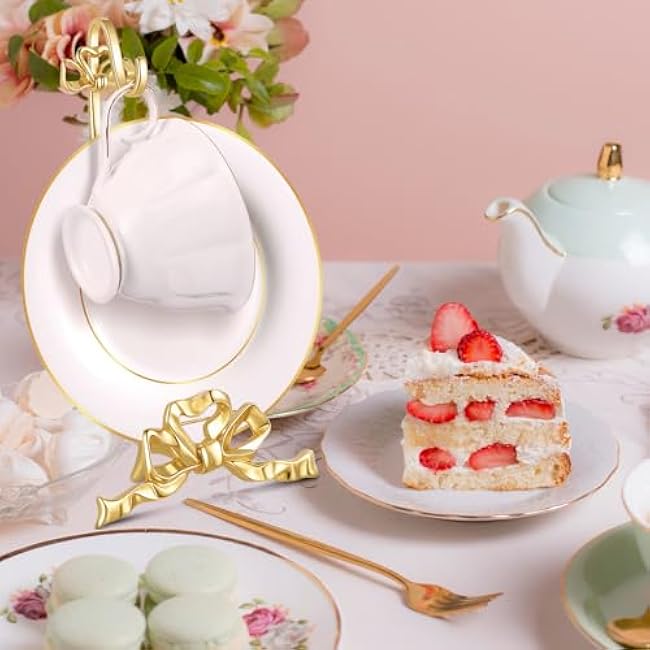 Brass Tea Cup and Saucer Display Stand Vintage Bow Teacup Holders Plate Stand Mug Hooks Classic Durability Countertop Storage for Cabinet Kitchen Counter Bar(4.92 x 7.68 x 2.17 Inches)