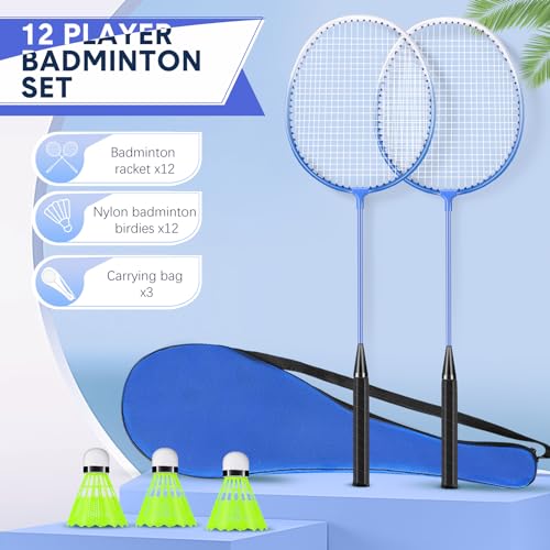 Image of 12 Pack Badminton Rackets Set Including Badminton Racquets, Nylon Shuttlecocks and Carry Bag for Outdoor Backyard Games Beginners
