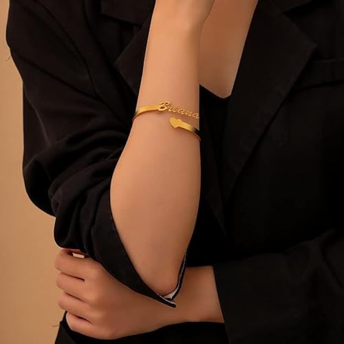 Jecivila Personalized Name Bracelets, 18K Gold Custom Engraved Name Cuff Bangle Bracelets For Women, Girls, Mom, Daughter, Personalized Jewelry Gifts For Her #TOP1