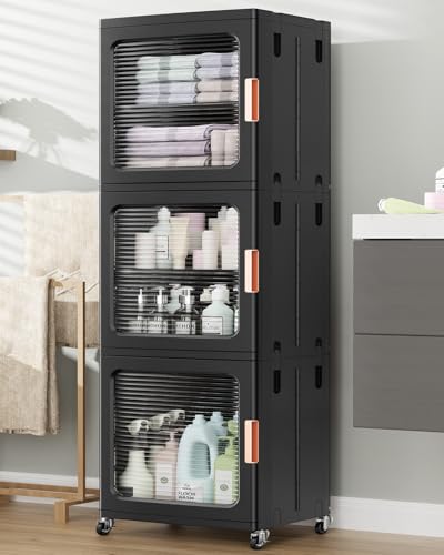 Image of BROVIEW 3-Tier Tall Narrow Storage Cabinet 14.6 inch Wide, Slim Bathroom Cabinets with Adjustable Shelves and Doors, Plastic Kitchen Pantry Organizers and Storages for Small Space, Laundry, Black