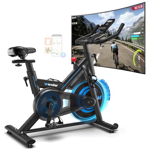 Wenoker Bicicleta estática silenciosa, ergómetro para bicicleta con aplicación y resistencia ajustable, monitor LCD, spinning exercise bike interior para entrenamiento en casa, soporta 160 kg