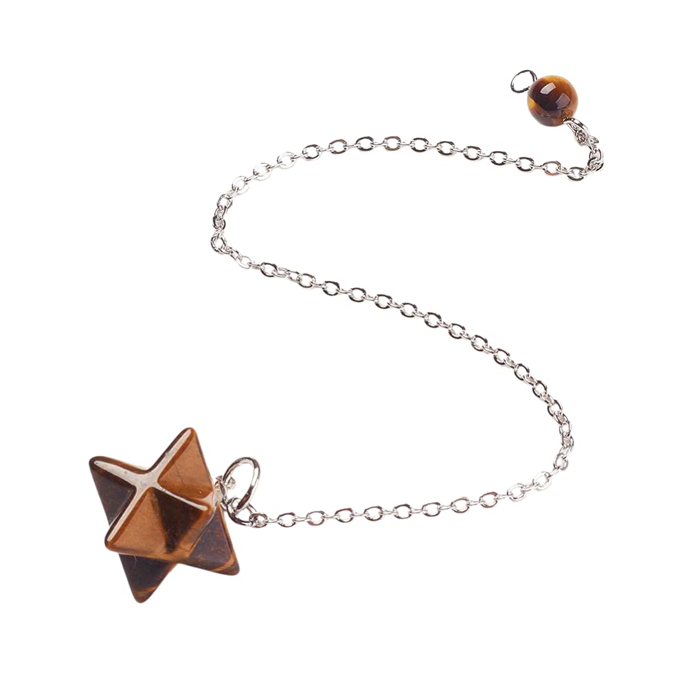 VIE Naturals Chakra Jewelry, Merkaba Star Pendulum, Tiger Eye with Brass Chains, One