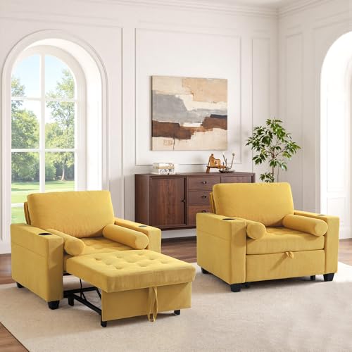 Image of 3-in-1 Sleeper Sofa Chairs Set of 2, Pull Out Sofa Bed Convertible Reclining Seat Upholstered Armchair, Adjustable Backrest Recliner Chair with Side Pockets, Cup Holder & USB Ports - Yellow
