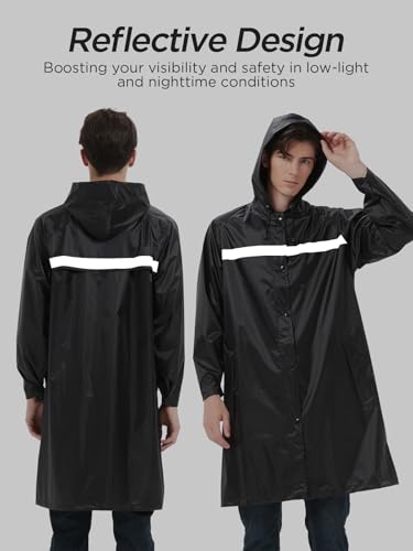 Image of Mens Long Safety Rain Coats with Air Vents Reflective Stripes Waterproof Packable Rain Jacket with Hood Lightweight