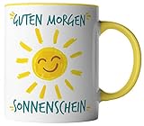 vanVerden Tasse - Guten Morgen Sonnenschein - Sonne gemalt - Geschenk Partner - beidseitig Bedruckt - Kaffeetassen, Farbe:Weiß/Gelb