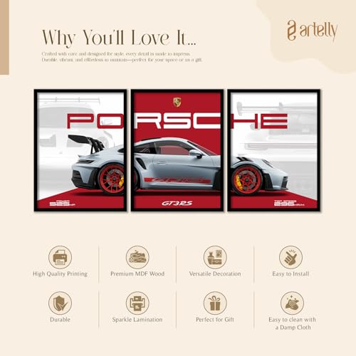 Image of ARTELLY Big Porsche 911 GT3rs Sports Car Framed Wall Posters, Set of 3, Premium Framed Painting, Living Room Bedroom Decoration, Large Size Gift Item for Boys Room Decor (Porsche 2, 19x25 inch)