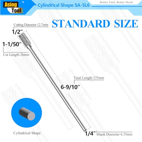 Image of SA-5L6 Tungsten Carbide Burr Lengthened Rotary File Cylindrical Shape Double Cut for Die Grinder Drill Bits 1 /4'' Inch Diameter of Shank and 1 /2'' Inch Diameter of Cutter 1'' Inch Cutter Length