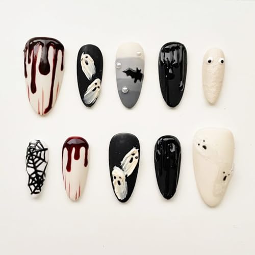 30Pcs Halloween Press on Nails Medium Almond Nail Tips Cute Ghost Fake Nails with Blood Eye Design Gothic Spider Web False Nails Horror Bat Acrylic Nail Halloween Glue on Nail for Women Manicure