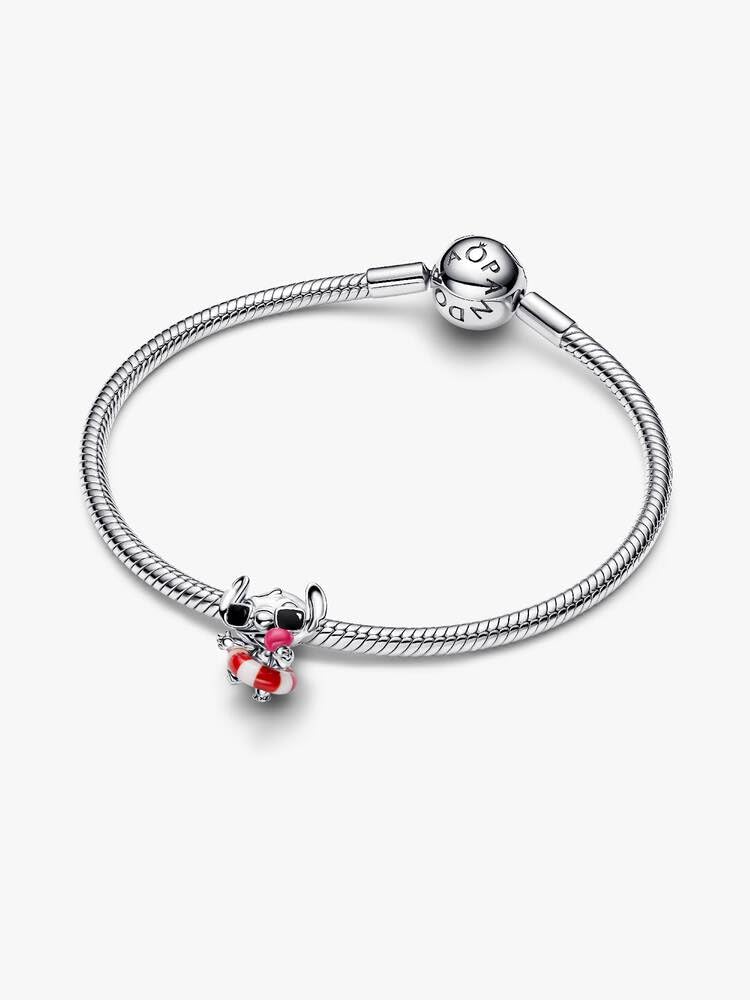 Disney Stitch Sterling Silver Charm with White and Red Murano Glass, Black and Pink Enamel