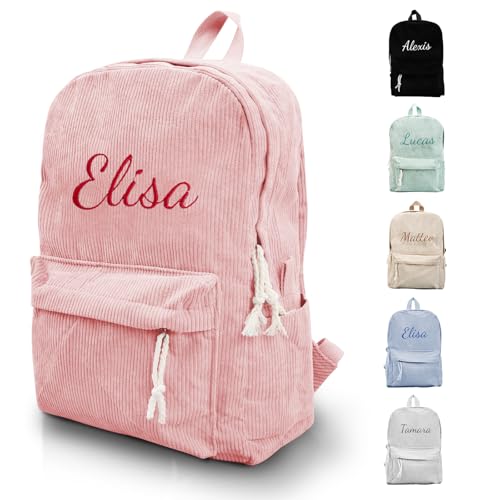 Personalised Kids Backpack with Name Embroidery, Customized Corduroy School Backpack Rucksack Casual Daypack for Boys & Girls, Custom Children Primary School Bag (Pink)