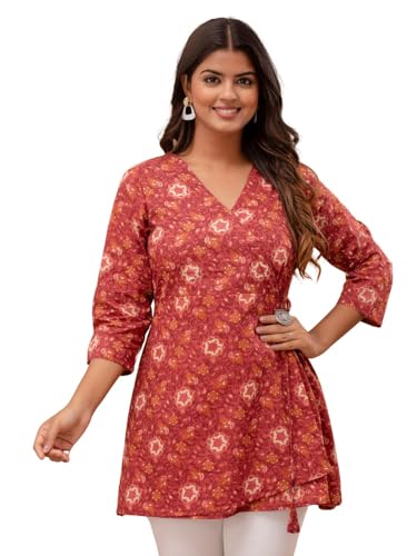 Image of feranoid Floral Print Angrakha 3 Sleeves Flared Kurti