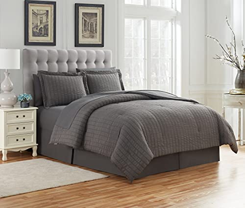 Image of Queen Comforter Set 8 Piece Bed in a Bag with Bed Skirt, Fitted Sheet, Flat Sheet, 2 Pillowcases, 2 Pillow Shams, Queen, Seersucker Gray