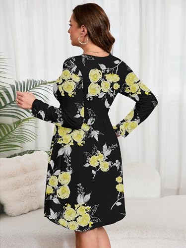 Image of AusLook Women's Plus Size Long Sleeve Midi Dress Casual Empire Waist Loose Flowy Dresses A-Line Boho Long Dress with Pockets