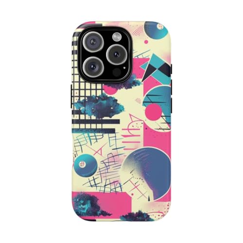 Coque iPhone 16 Pro motif géométrique abstrait rose et bleu rigide mate
