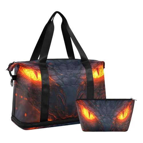 Angry Dragon Eyes Fire Gym Bag for Women Sport Travel Duffel Bag Shoulder Weekender Overnight Bags with Wet Pocket & Shoe Compartment