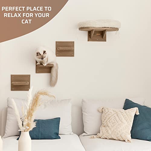 Image of Novecrafto Wall Mounted Cat Shelf Perch Bed With 3 Climbing Steps- Solid Wood Cat Sleeper Platform Shelf With Extra Soft Cushion - Grey Cat Bed