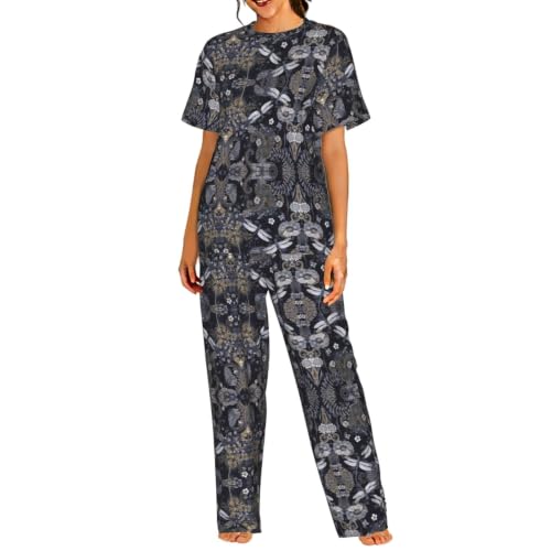 Pyjama femme manches courtes et pantalon long imprimé libellules grises tailles S-3XL