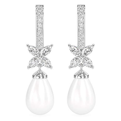 Image of CLARA 925 Sterling Silver Pearl Earrings | Rhodium Plated, Swiss Zirconia, Screw Back | Gift for Women & Girls